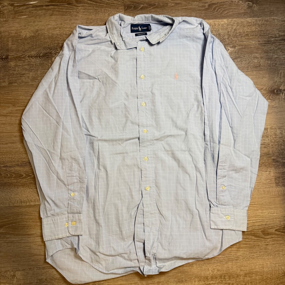 Ralph Lauren Yarmouth Mens 16 32/33 Blue Windowpane Check Button Down Pink Pony